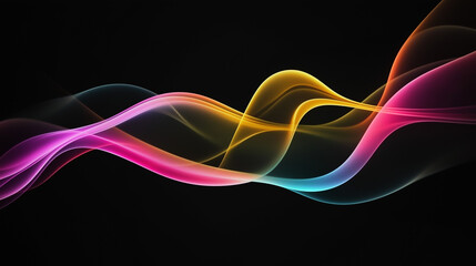 Colorful flowing wave lines with a neon glow on a dark black background. Futuristic abstract design perfect for technology, digital art, or creative projects. Minimal banner 