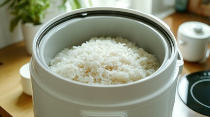 Modern rice cooker with freshly cooked rice. Emphasizing convenience and modern cooking technology. Ideal for appliance advertisements and cooking blogs.