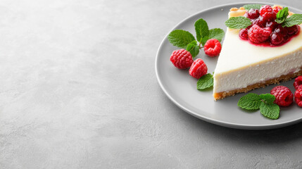 Creamy cheesecake slice topped with fresh raspberries and mint leaves, served on gray plate. delicious dessert perfect for any occasion