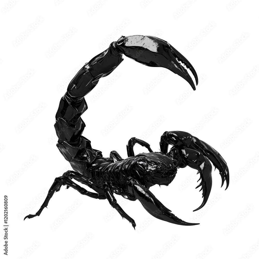 Poster a digitally rendered image showcases a black glossy scorpion posed against a stark white backdrop, h