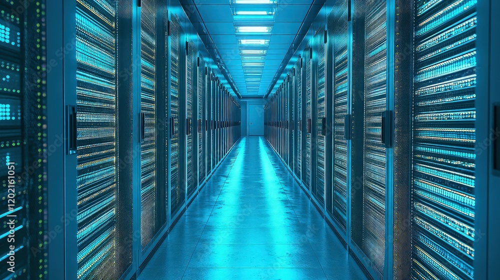 Poster an empty server hallway with rows of towering racks glowing in a soft blue, reflecting off the metal