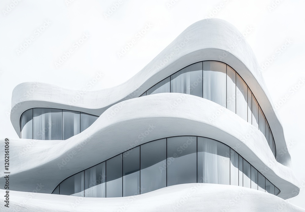 Poster modern architectural design featuring smooth curves and sleek glass in a minimalist style with a fut