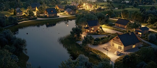 Obraz premium Aerial view rural homes by a lake with evening lighting, 3D illustration