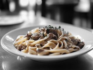 Pasta with Mushrooms on White Plate