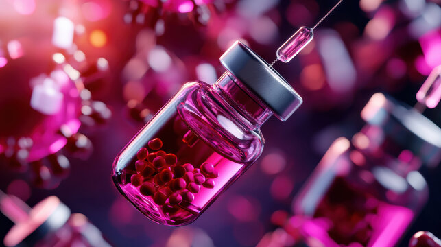 vibrant depiction of futuristic vaccine vial surrounded by floating virus particles, showcasing advanced medical technology and innovation in healthcare