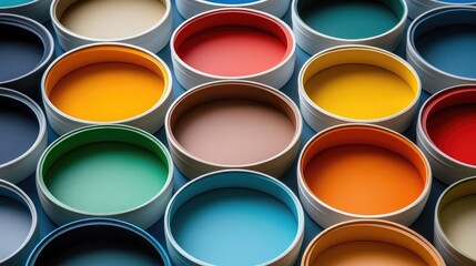 Vibrant Paint Cans Display: A Spectrum of Colors Arranged in a Uniform Grid Pattern
