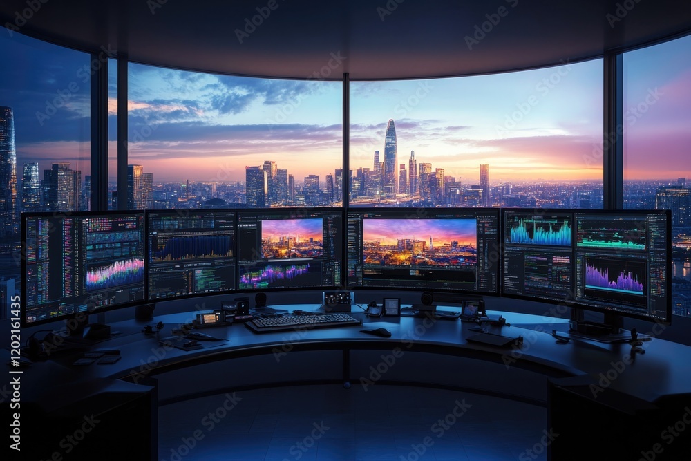 Poster high-tech workspace with multiple screens showcasing vibrant cit