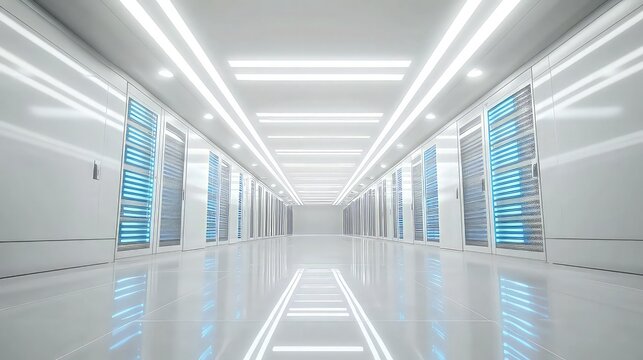 An empty, spacious server room hallway with white lights on the ceiling and blue lights on each server rack. The clean lines and cool colors emphasize a futuristic, organized setup.