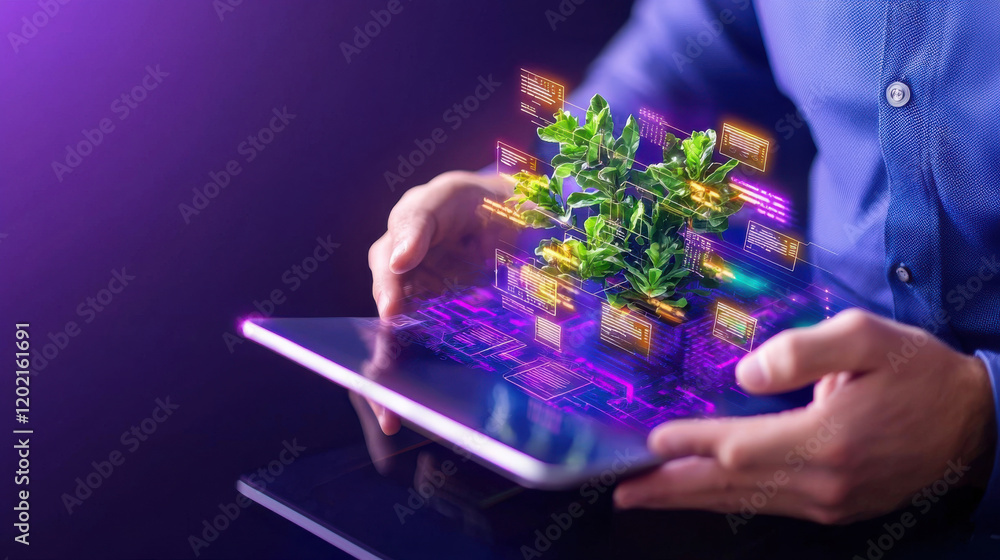 Aufkleber Innovative technology showcasing person using tablet to visualize digital plants and data. image represents intersection of nature and technology, emphasizing growth and innovation