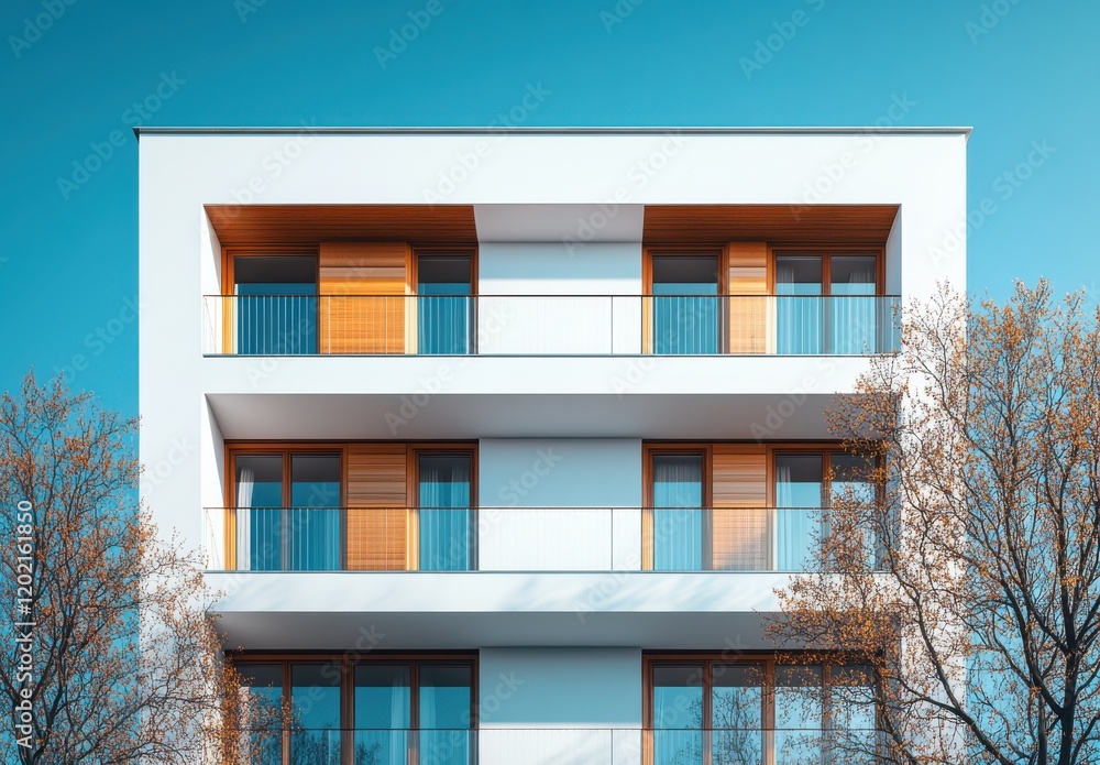Poster Modern Architectural Design of a Bright Apartment Building with Clean Lines and Large Windows Surrounded by Leafless Trees Against a Clear Sky
