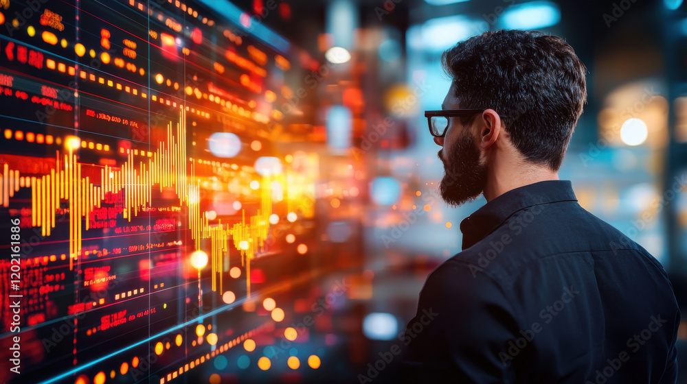 Poster man analyzes dynamic market data on digital screen, showcasing vibrant graphs and statistics. atmosphere is focused and intense, reflecting importance of data analysis