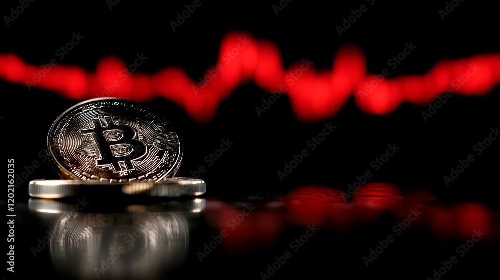 Aufkleber Bitcoin cryptocurrency coin is losing value during market crash with red graph showing decrease in price, indicating financial crisis and investment risk