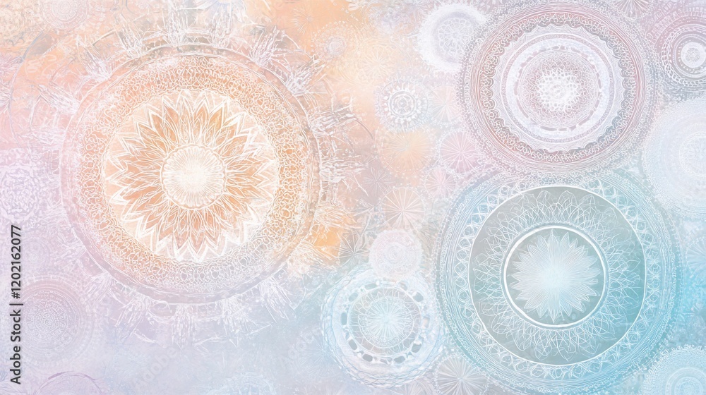 Poster ornate circular patterns in soft peach and blue hues forming an abstract design