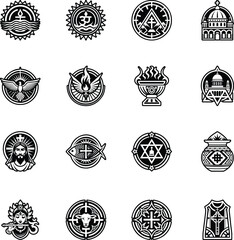 Set of Glyph Style Hindu and Christian Religious Symbol Icons  

