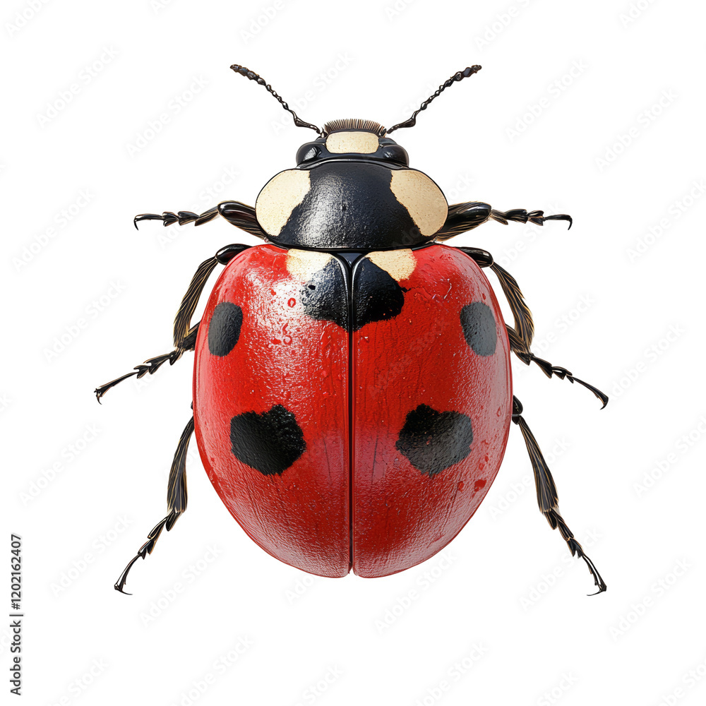Poster A high resolution image showcases a seven spotted ladybug from a directly overhead perspective against a plain white background.