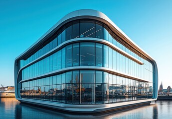 Fototapeta premium Modern Architectural Design of a Futuristic Glass Building Overlooking Water with a Clear Sky and Urban Background in a Contemporary Setting