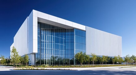 Fototapeta premium Modern architectural design of a large office building with glass facade, surrounded by lush greenery and clear blue sky showcasing contemporary urban development