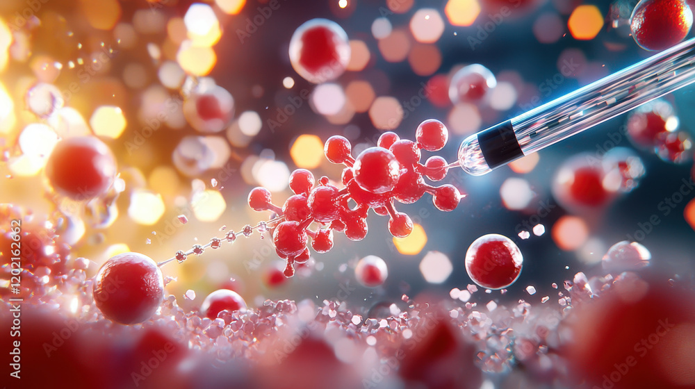 Poster vibrant depiction of scientists working with nanostructures, showcasing red particles and pipette in dynamic laboratory environment. image captures essence of scientific innovation and discovery