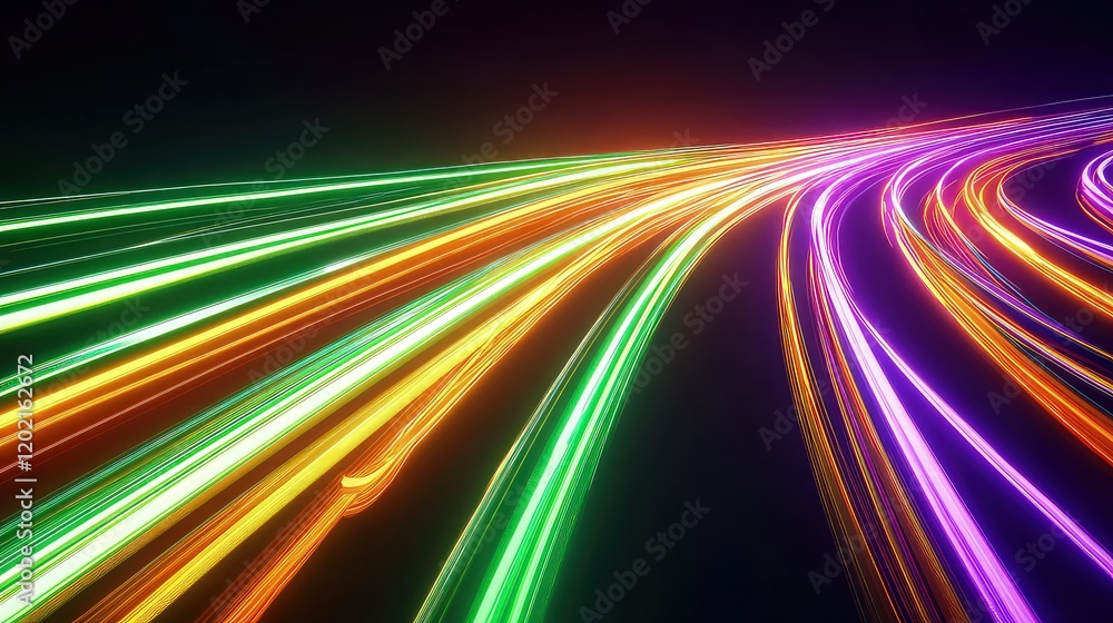 Poster an energetic abstract background filled with neon light streaks in green, orange, and purple. the st