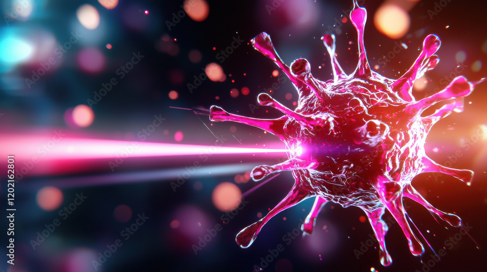 Poster vibrant depiction of virus with glowing spikes, illuminated by colorful lights, showcasing advanced 
