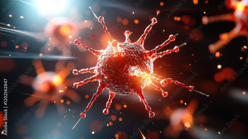 Fototapete detailed visualization of virus, showcasing its structure and features, with vibrant colors and dyna
