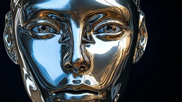 On a black background, a futuristic metallic humanoid face
