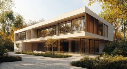Fototapeta premium Modern architectural design of a spacious house with large windows and wooden accents surrounded by lush greenery in a tranquil setting during daytime.