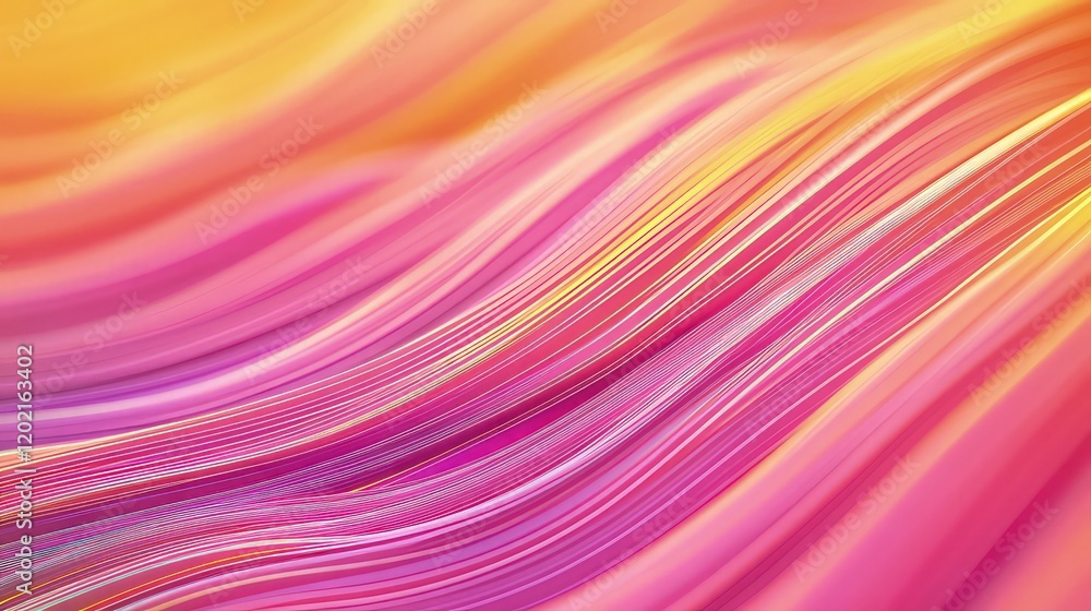 Poster an energetic display of thin, glowing lines in bright pink and orange, arranged in a wave-like patte