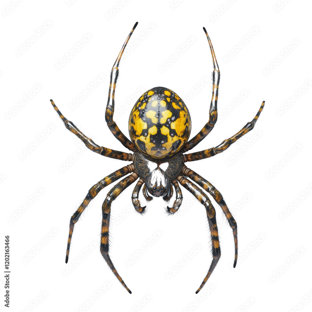 Poster a detailed overhead view of a spider showcasing its distinct black and yellow patterned abdomen and 