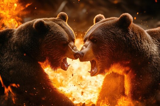 Brown bears fighting by fire