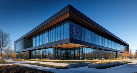 Modern Architectural Design of Stylish Glass Office Building Surrounded by Greenery and Blue Sky in Urban Setting, Showcasing Innovative Structure and Nature Harmony