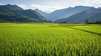 Rice field with lush green plants and mountains in the background. Showcasing the scenic beauty and agricultural harmony. Ideal for travel magazines and environmental documentaries.