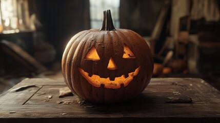 Carved Pumpkin on Wooden Table