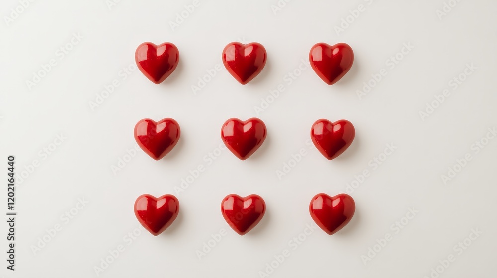 Aufkleber Nine shiny red hearts arranged in a perfect square grid on a clean white background create a simple yet striking visual, symbolizing love, romance, and valentine's day
