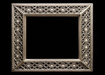 Empty silver square frame, geometric design, against a black background. Long exposure photography, minimalist repeating patterns.