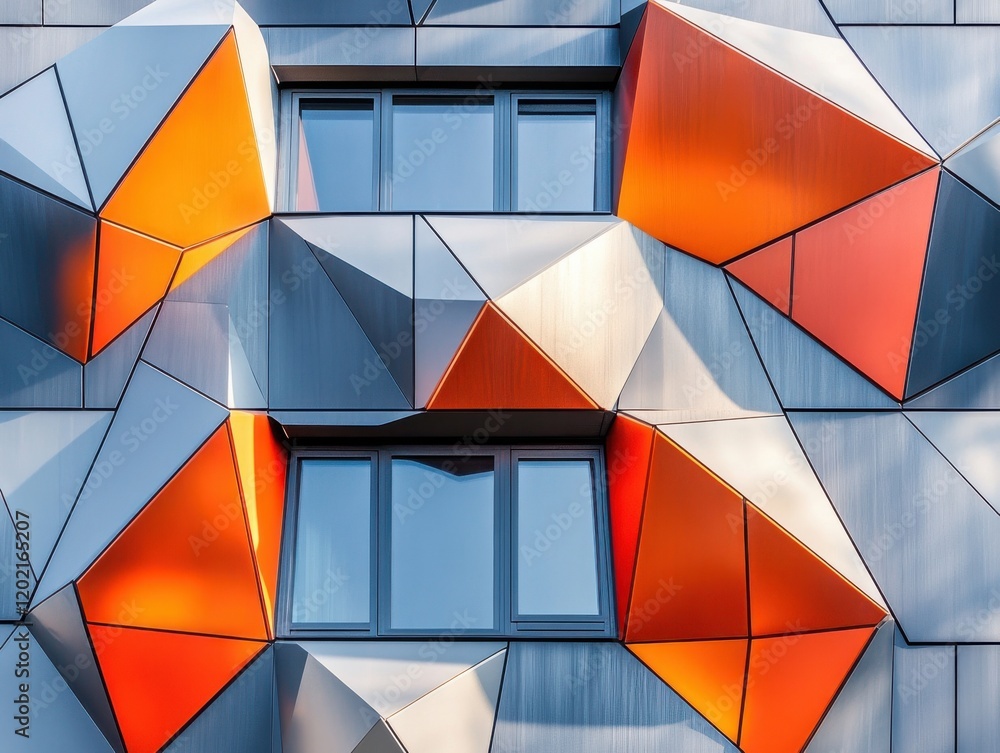 Poster modern architectural facade with geometric patterns and vibrant colors highlighting angular shapes a
