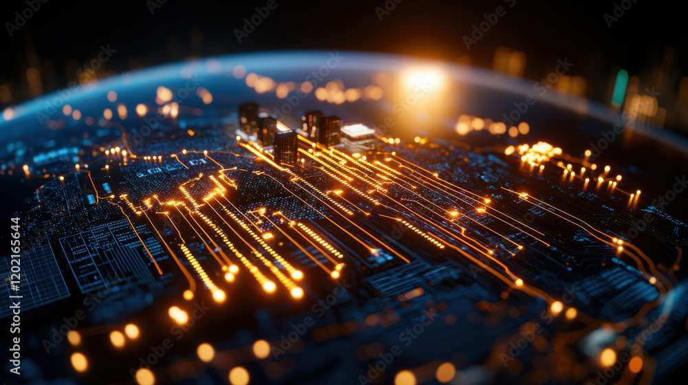 Fototapete cinematic portrayal of global trade hub, showcasing interconnected networks and illuminated pathways