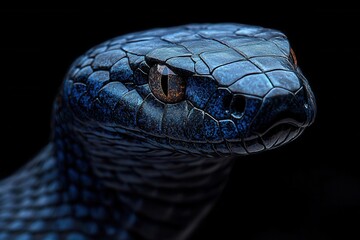 Naklejka premium majestic cobra in striking pose, iridescent scales gleaming under dramatic spotlight, dark background with mystical fog, ultra-detailed macro photography