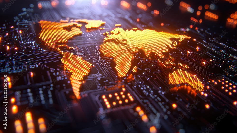 Poster digital world map illuminated with orange lights, representing technology and connectivity. intricat