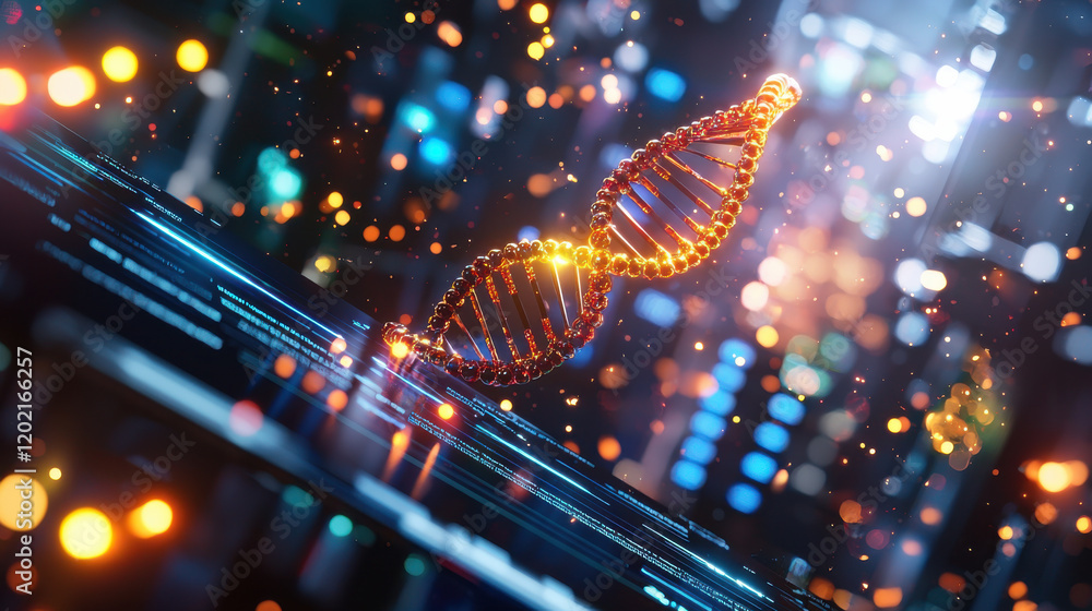 Fototapete cinematic rendering of next generation dna sequencing model, showcasing glowing double helix structu