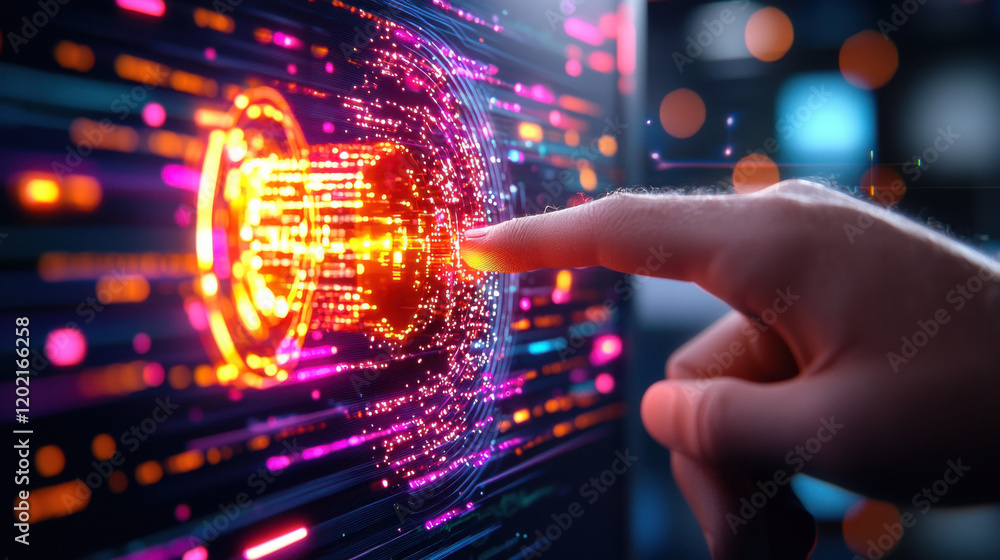 Aufkleber futuristic digital interface with hand touching glowing, interactive display. vibrant colors and data patterns create sense of advanced technology and innovation