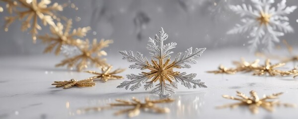 A lavish winter scene featuring intricately designed silver and gold snowflakes gently falling onto a pure white surface, opulence, icy