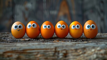 Beautiful view of row of eggs with eyes painted on them 