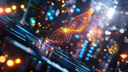 cinematic rendering of next generation DNA sequencing model, showcasing glowing double helix structure amidst vibrant digital background