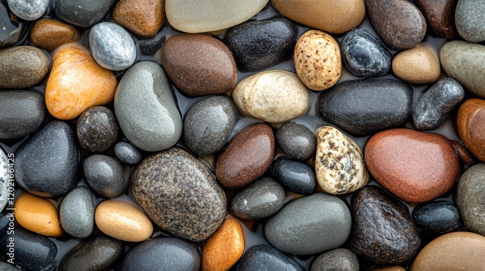 Poster close up view of smooth beach pebbles as gentle waves wash over them at sunrise along a tranquil coa