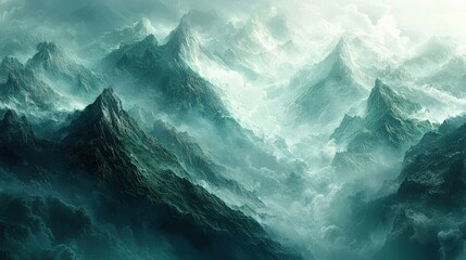 Misty green mountain peaks create a dramatic and ethereal landscape. Ideal for fantasy art, book covers, or atmospheric backgrounds.