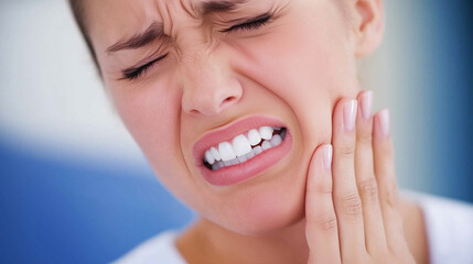 Obraz premium A close-up image of a young woman at home, grimacing in pain from a toothache. She is holding her cheek or jaw, visibly distressed, with a hand pressing against the affected area.