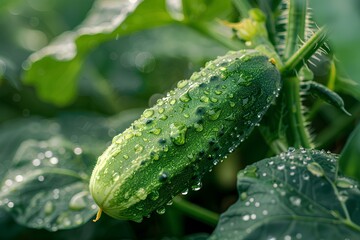 A close up of a cucumber with water droplets on it