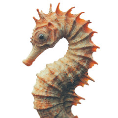 Obraz premium A detailed close-up image showcases a seahorse with intricate textures and muted orange tones against a pale background.