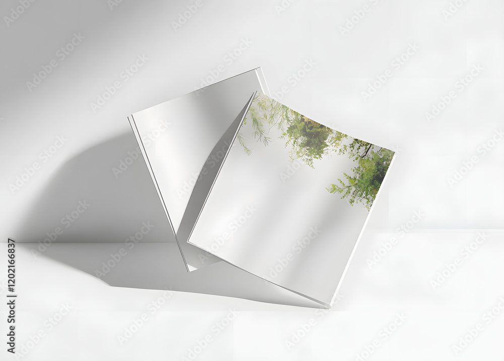 Poster two floating magazine covers mockup on white background with soft shadows. 3d rendering